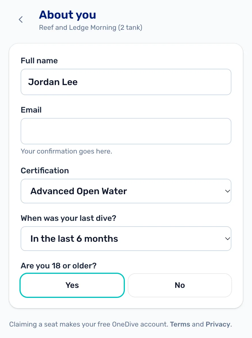 About you: full name Jordan Lee, email, certification Advanced Open Water, last dive in the last 6 months, 18 or older Yes