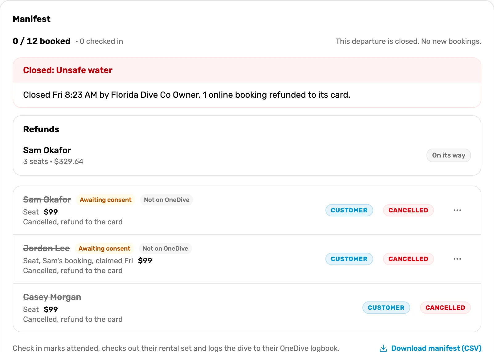 The closed slot: Closed, Unsafe water, closed by the owner, 1 online booking refunded to its card. Refunds: Sam Okafor, 3 seats, $329.64, On its way. Every seat marked Cancelled, refund to the card