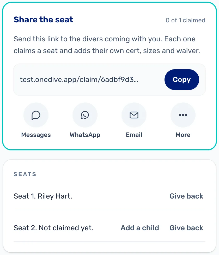 Share the seat, 0 of 1 claimed, with a claim link and Copy, Messages, WhatsApp, Email and More, then Seats: Seat 1 Riley Hart, Seat 2 not claimed yet, with Add a child and Give back