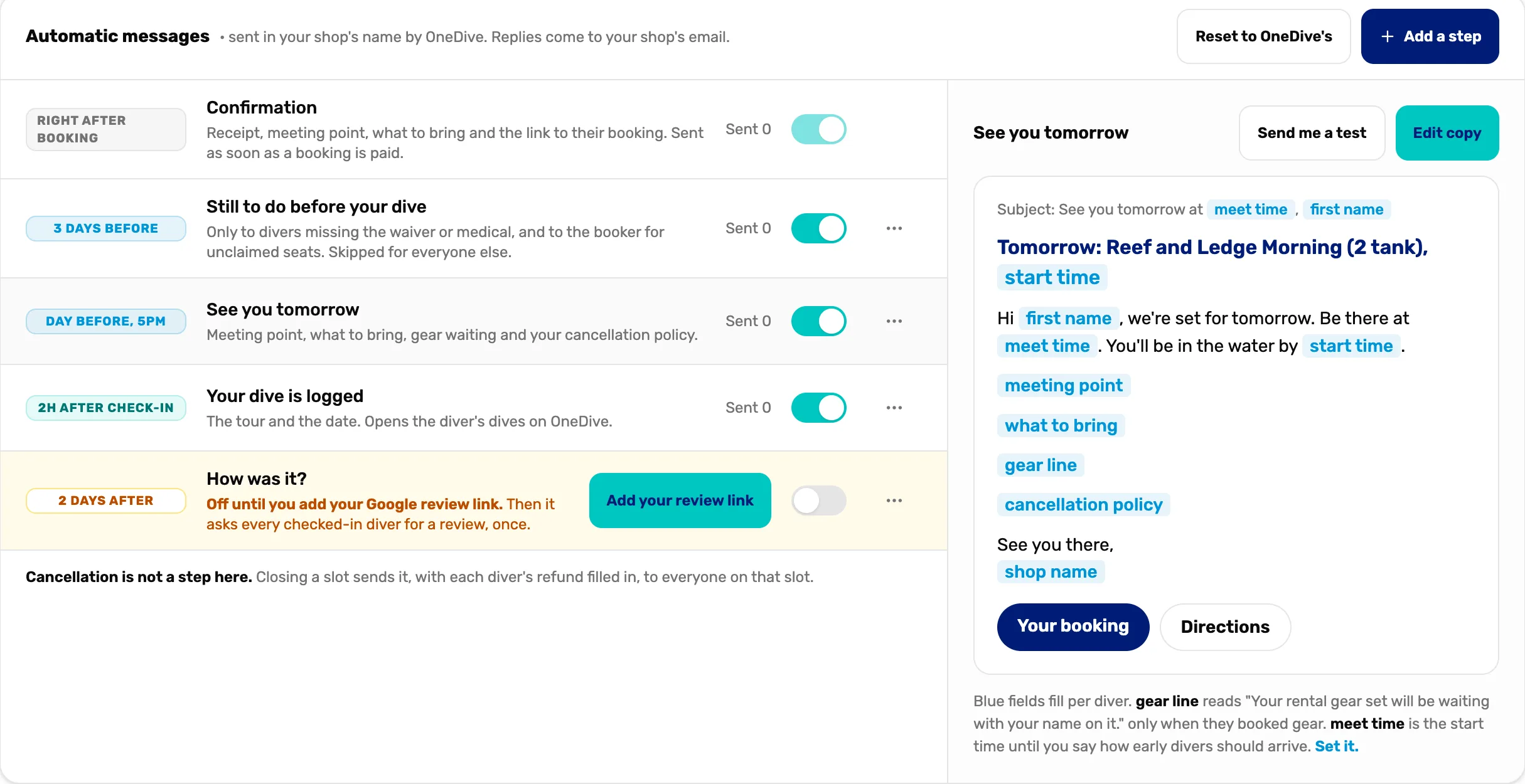 Automatic messages: Confirmation right after booking, Still to do 3 days before, See you tomorrow the day before at 5pm, Your dive is logged 2 hours after check-in, and How was it? 2 days after, off until you add your Google review link, with a preview of See you tomorrow