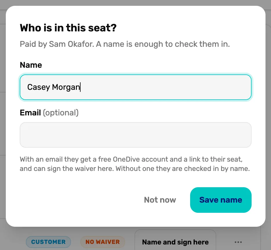 Who is in this seat? Paid by Sam Okafor. A name is enough to check them in. Name Casey Morgan, Email optional, Not now and Save name