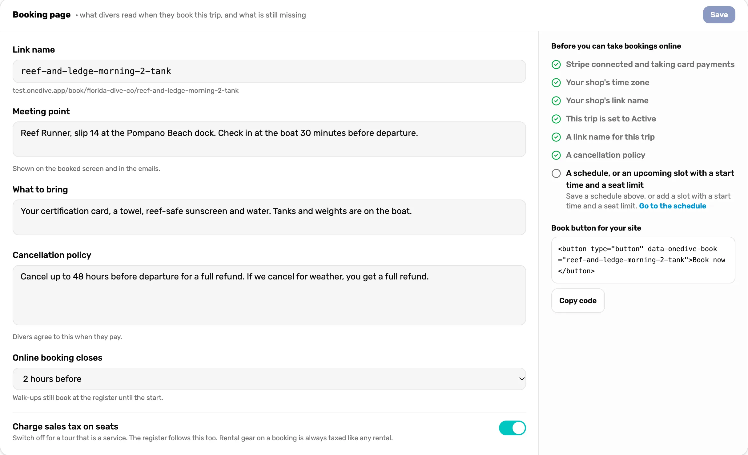 The Booking page filled in: meeting point at the Reef Runner, what to bring, a 48-hour cancellation policy, online booking closes 2 hours before, sales tax on seats, and the Book button code on the right
