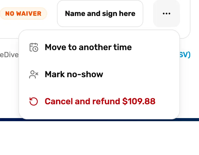 The seat menu: Move to another time, Mark no-show, and Cancel and refund $109.88