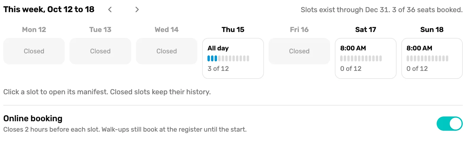 The week with slots on Saturday and Sunday at 8:00 AM, 0 of 12 booked, and the Online booking switch on