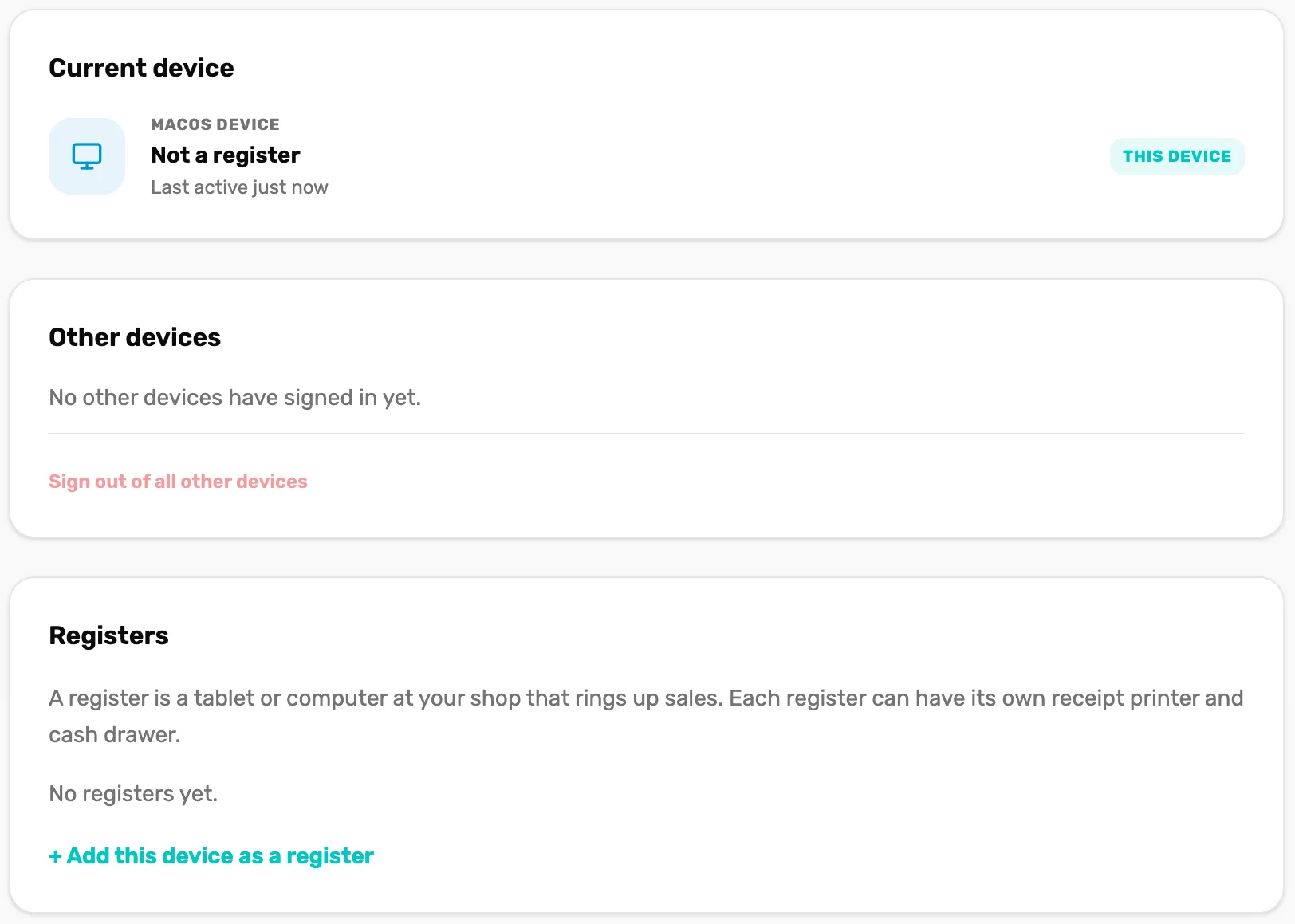 Settings, Devices: Current device, macOS device, Not a register, Last active just now, marked This device; then Other devices with No other devices have signed in yet.; then the Registers card with No registers yet. and + Add this device as a register