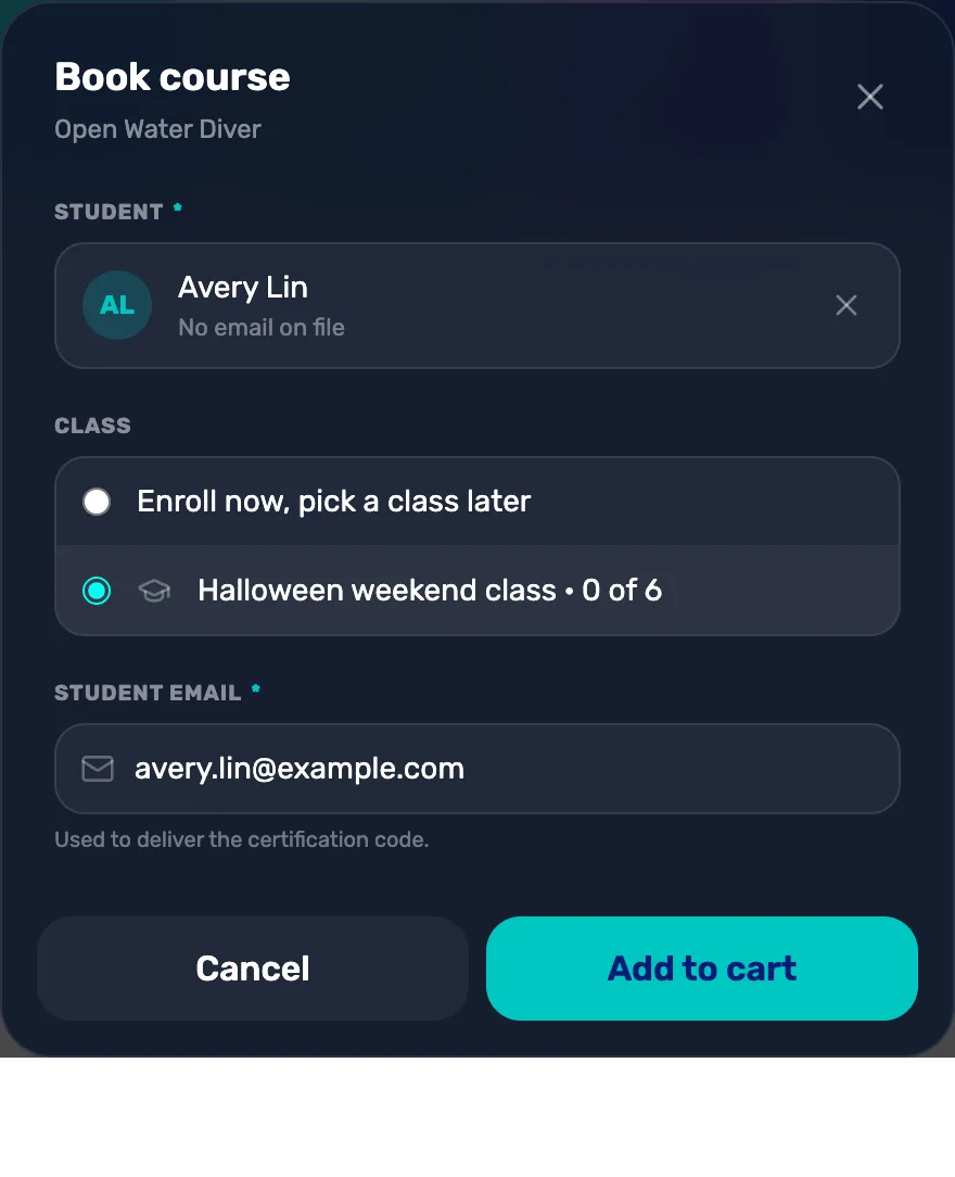 Book course with a student, a class picked and the student's email