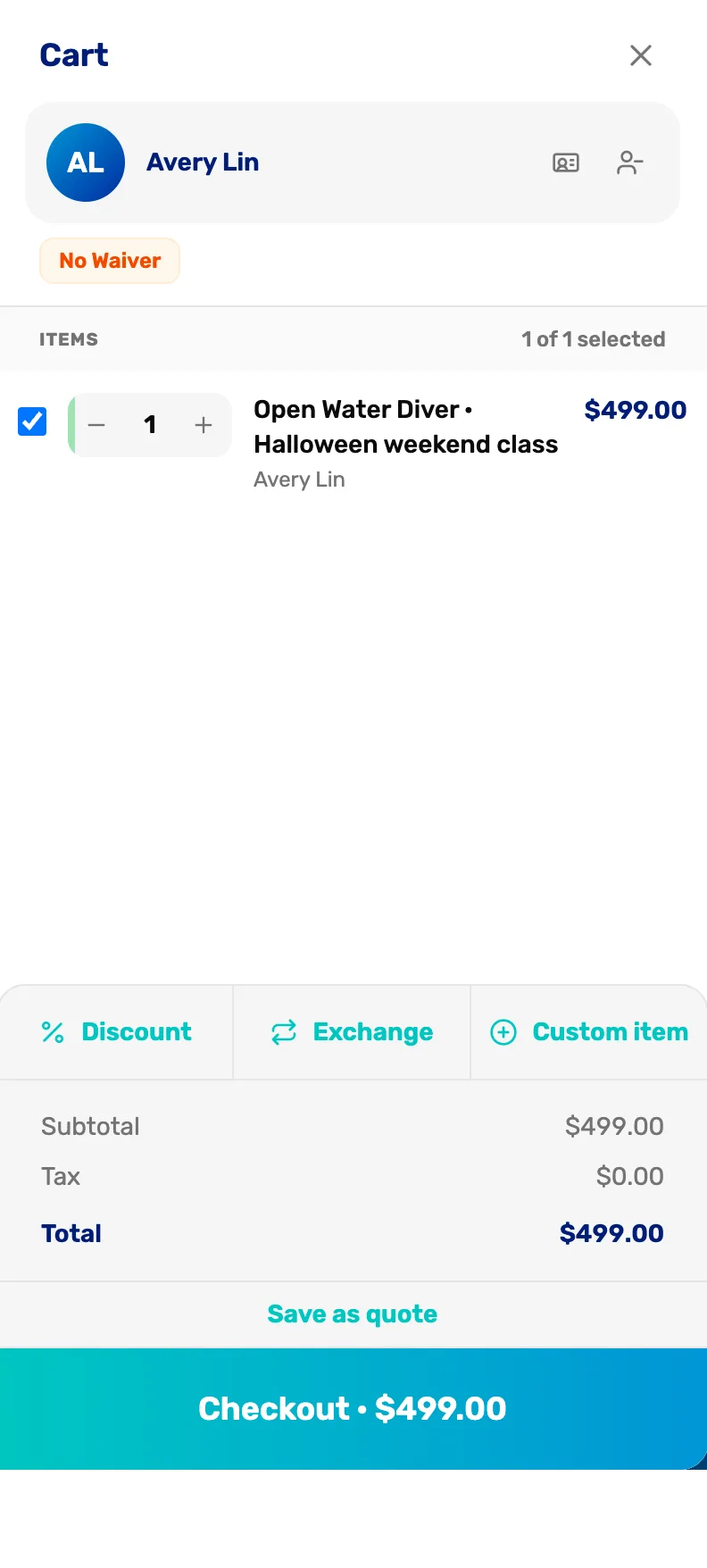 The cart for Avery Lin with No Waiver: Open Water Diver · Halloween weekend class, $499.00, Avery Lin, total $499.00 and Checkout · $499.00