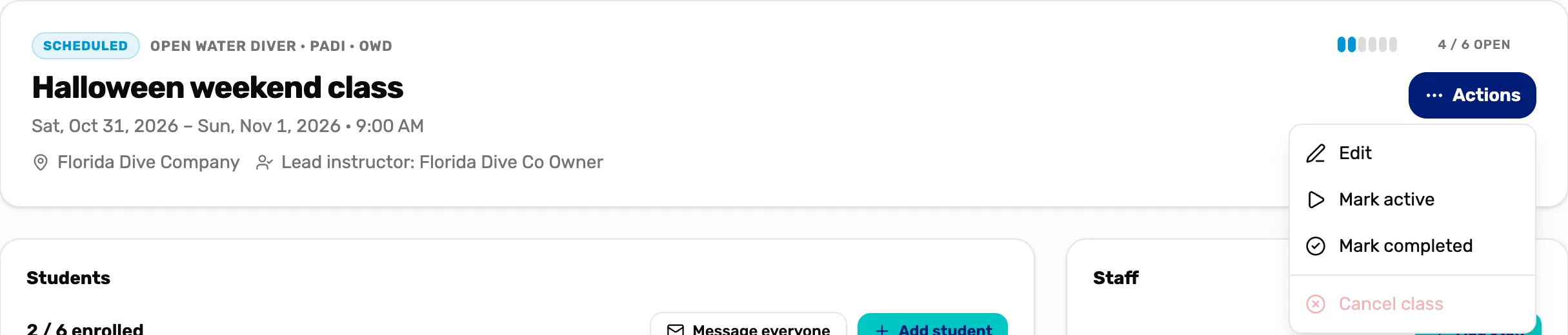 The Actions menu open on the class header: Edit, Mark active, Mark completed, and Cancel class greyed out