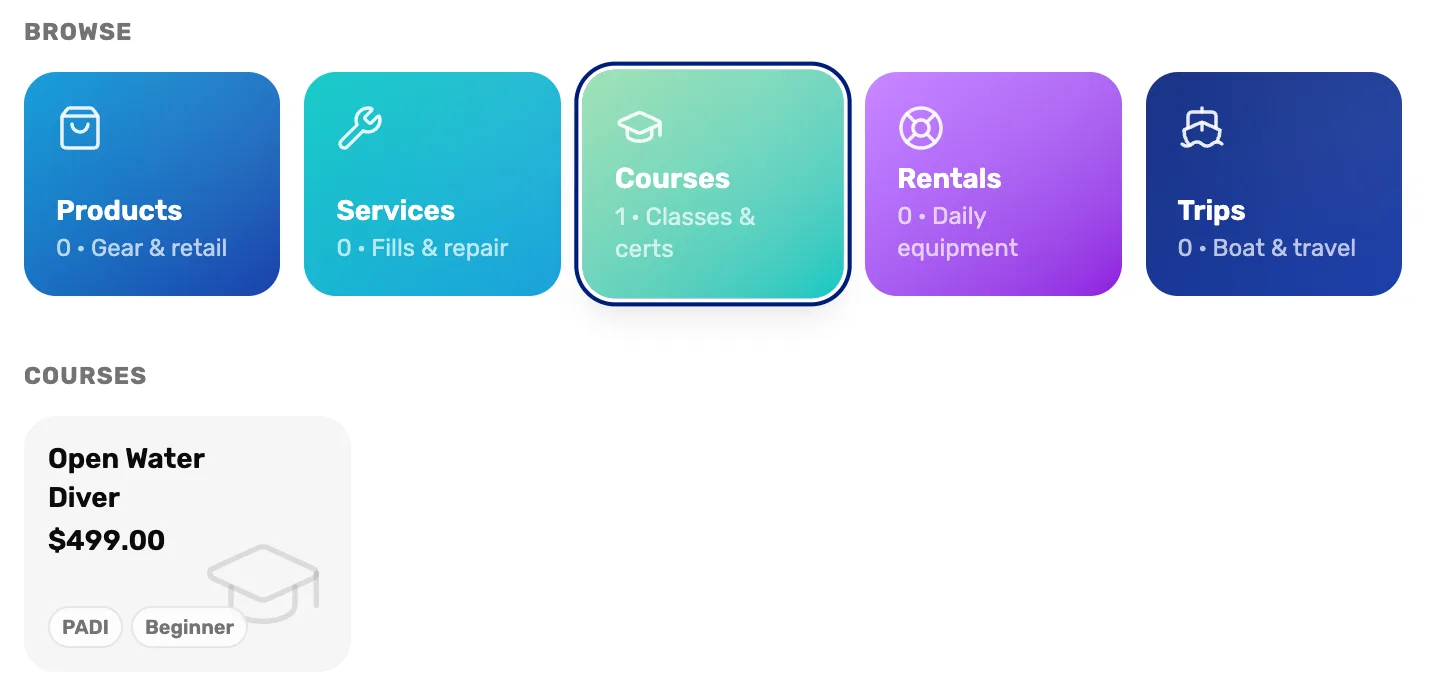 The register with the Courses tile picked, 1 Classes and certs, and below it an Open Water Diver tile at $499.00, PADI, Beginner