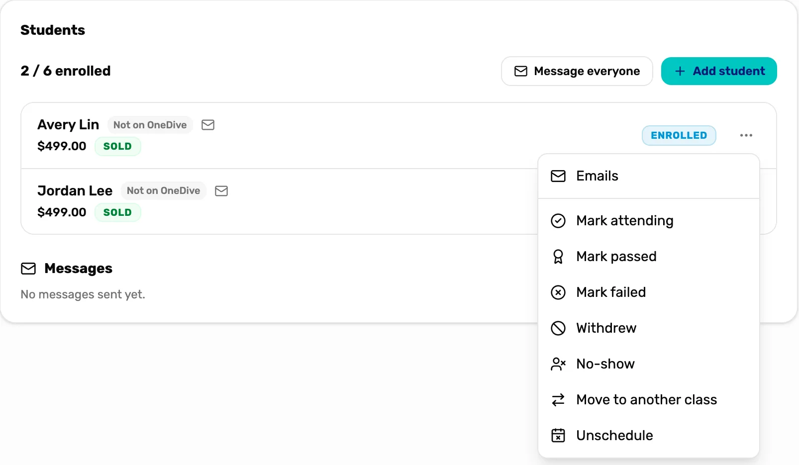 Students, 2 / 6 enrolled: Avery Lin, $499.00, Sold, Enrolled, with the three dots open showing Emails, Mark attending, Mark passed, Mark failed, Withdrew, No-show, Move to another class and Unschedule; Jordan Lee, $499.00, Sold