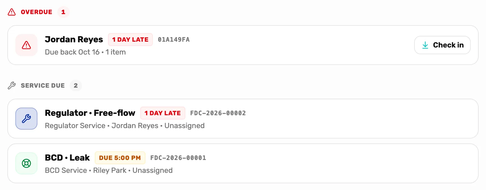 Overdue with Jordan Reyes's rental, 1 day late, due back Oct 16, 1 item, and Check in; under it Service due with Regulator · Free-flow, 1 day late, FDC-2026-00002, and BCD · Leak, Due 5:00 PM, FDC-2026-00001, each with the gear, the customer and Unassigned