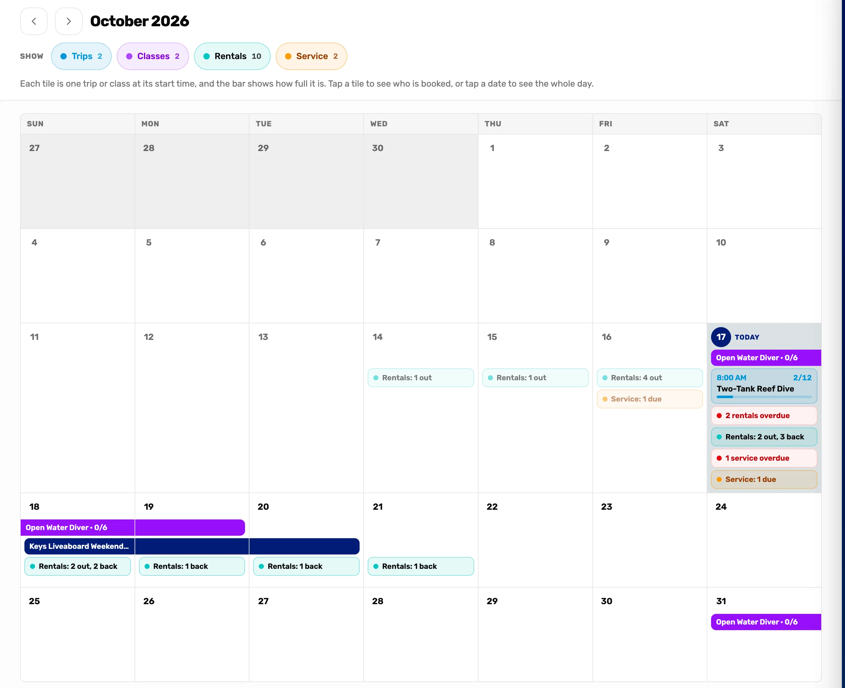 The calendar in Month view for October 2026: the month arrows, Show with Trips 2, Classes 2, Rentals 10 and Service 2, and the grid; today, the 17th, has a purple Open Water Diver bar, an 8:00 AM Two-Tank Reef Dive tile at 2/12, 2 rentals overdue, Rentals: 2 out, 3 back, 1 service overdue and Service: 1 due; a dark bar for Keys Liveaboard Weekend runs the 18th to the 20th