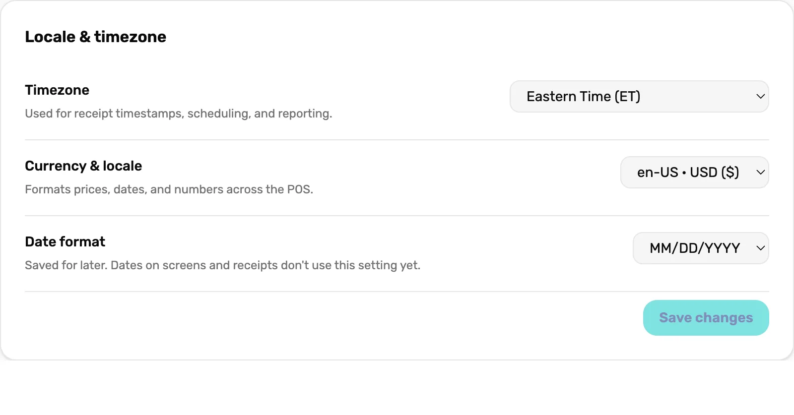 The Locale and timezone card set to Eastern Time (ET), en-US · USD ($) and MM/DD/YYYY, with each field's description and the Save changes button