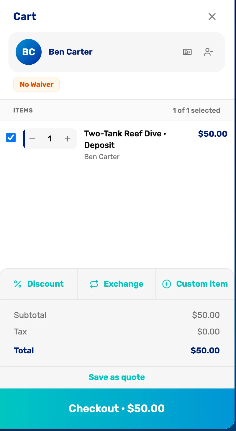 The cart for Ben Carter with Two-Tank Reef Dive · Deposit at $50.00 and Checkout · $50.00