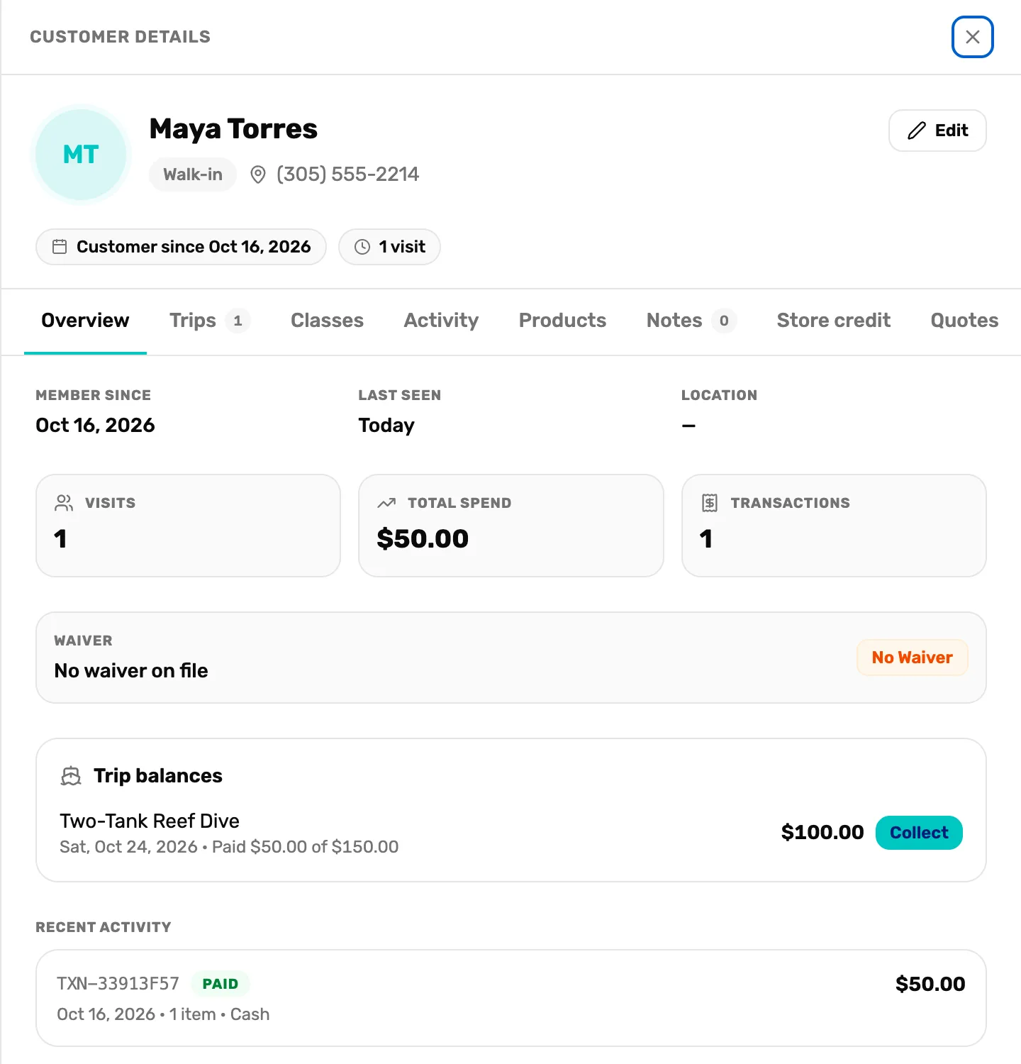 A customer's Trip balances with the amount still owed and a Collect button