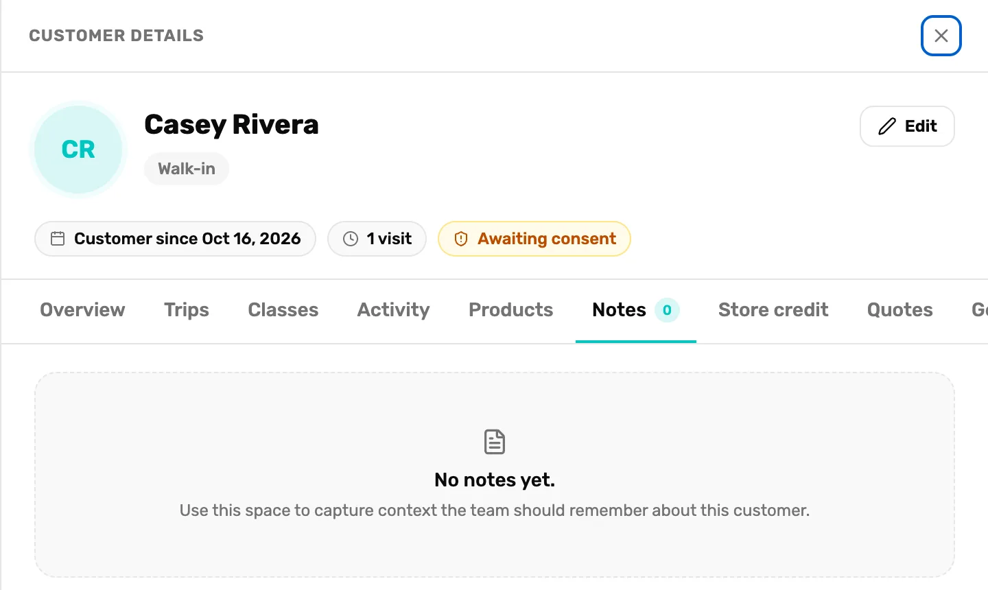 Customer details for Casey Rivera on the Notes tab: a Walk-in chip with no phone or email beside it, Customer since Oct 16, 2026, 1 visit, an amber Awaiting consent chip, and No notes yet with no box to write a note