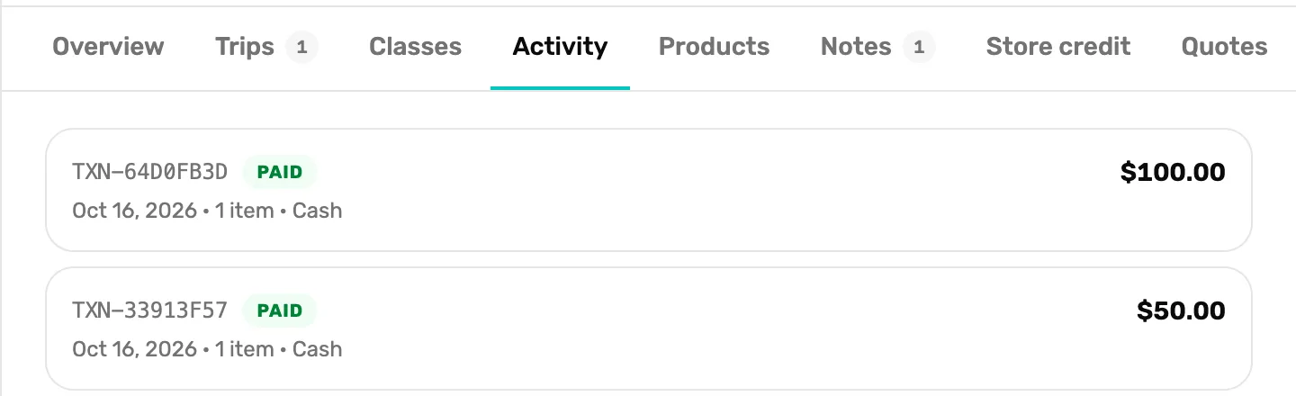 The Activity tab: TXN-64D0FB3D Paid, Oct 16, 2026, 1 item, Cash, $100.00, and TXN-33913F57 Paid, Oct 16, 2026, 1 item, Cash, $50.00