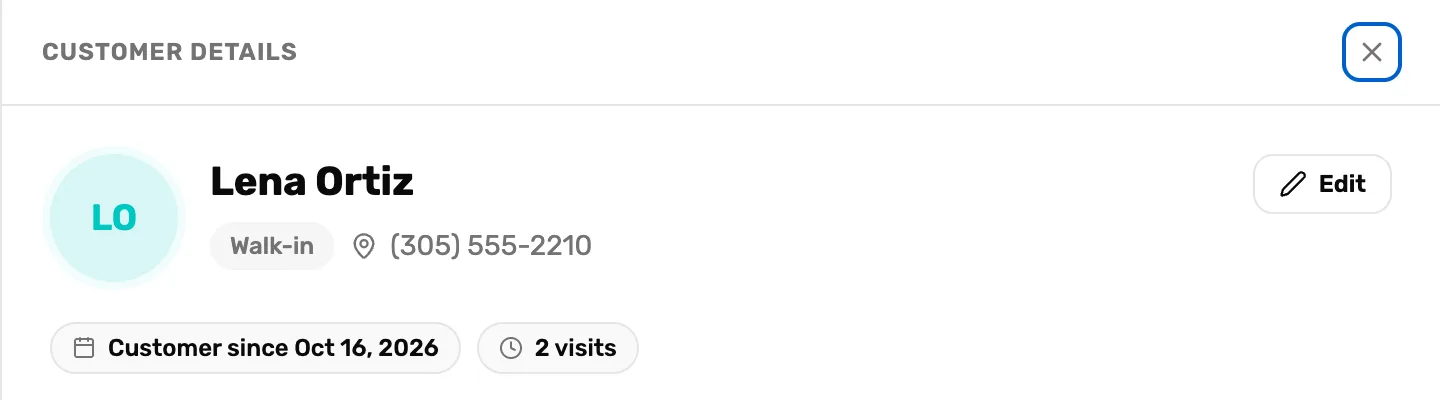 Customer details for Lena Ortiz after adding her phone number a second time: still Lena Ortiz, Walk-in, (305) 555-2210, and 2 visits