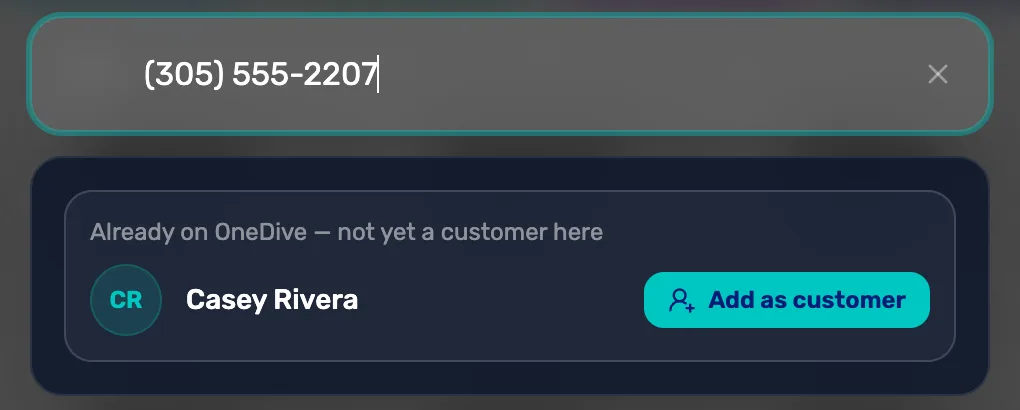 The register's customer search with (305) 555-2207 typed and the card Already on OneDive, not yet a customer here: Casey Rivera, Add as customer