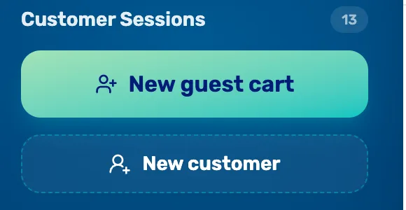 The register's Customer Sessions column with New guest cart and, under it, New customer