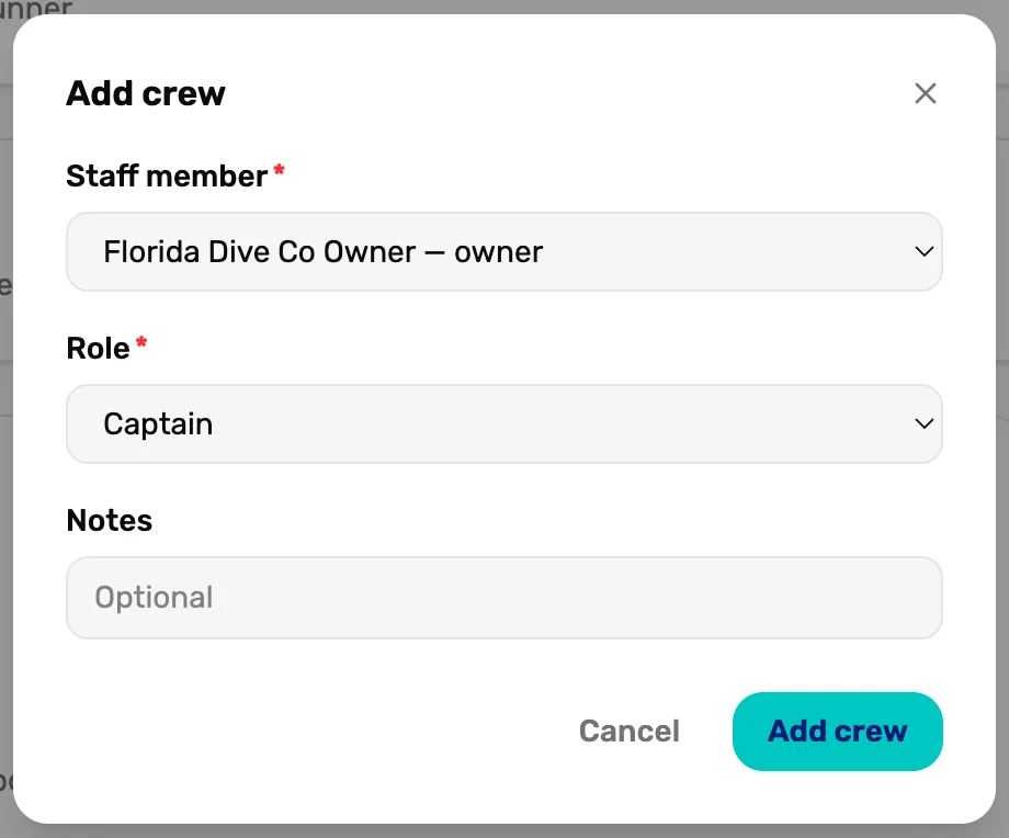 The Add crew box: Staff member set to Florida Dive Co Owner — owner, Role set to Captain, Notes reading Optional, and Add crew