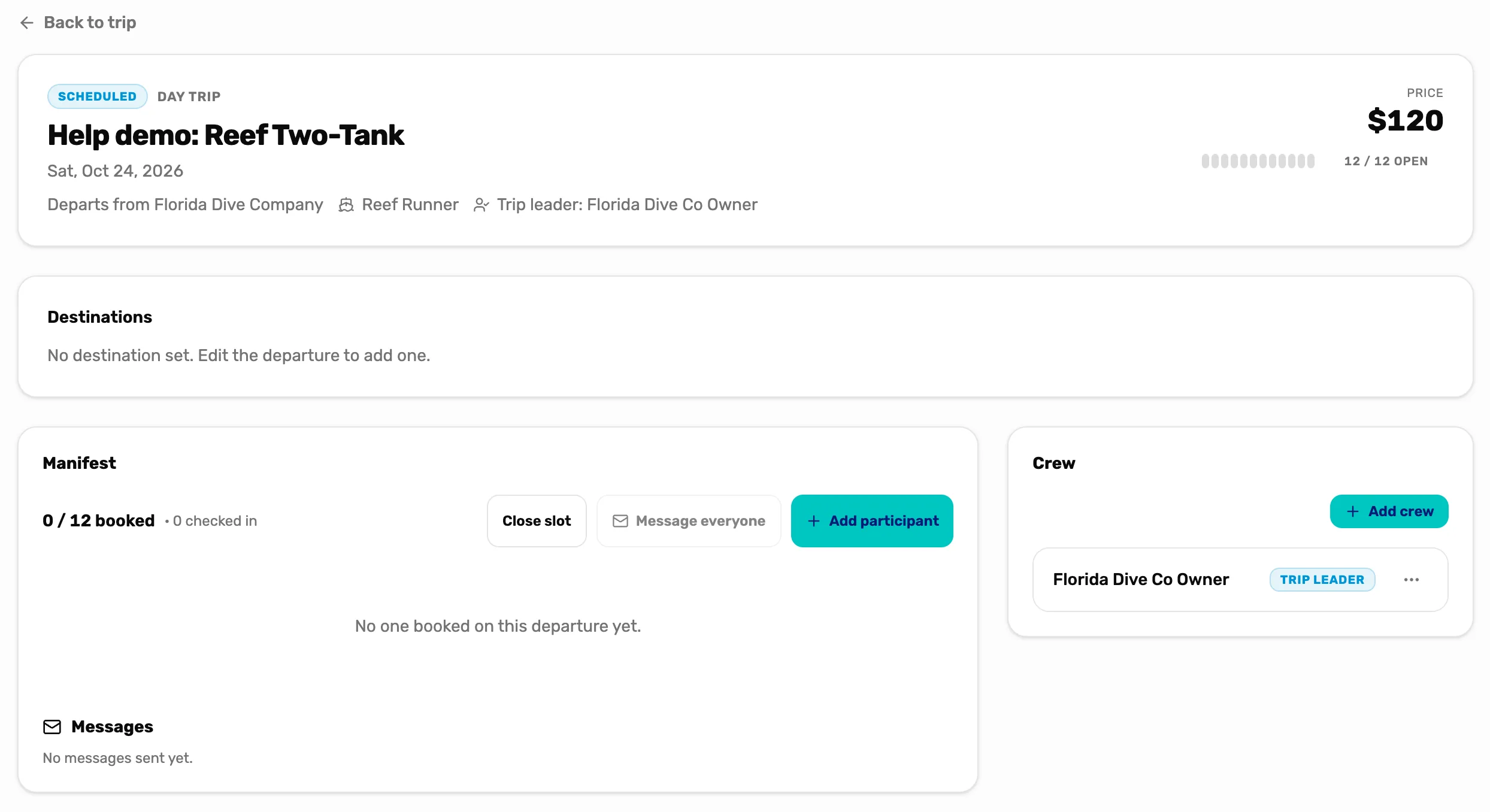 The departure header for Help demo: Reef Two-Tank with Departs from Florida Dive Company, Reef Runner and Trip leader: Florida Dive Co Owner on one line, and the Crew box listing Florida Dive Co Owner with a Trip leader badge and the three dots
