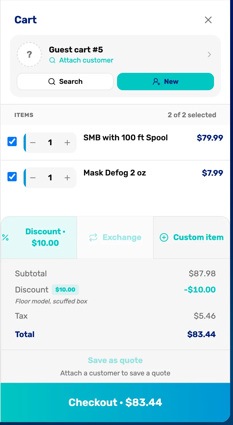 The cart after the discount: the Discount button reads Discount $10.00, the totals show subtotal $87.98, discount minus $10.00 with the note Floor model, scuffed box, tax $5.46, total $83.44