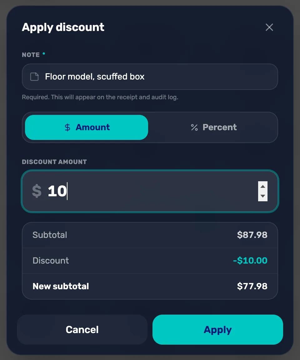 The Apply discount window with the note Floor model, scuffed box, Amount selected, 10 dollars entered, and a preview of subtotal $87.98, discount minus $10.00, new subtotal $77.98