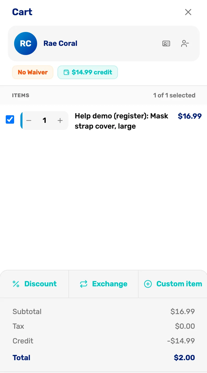 Rae Coral's cart with a $14.99 credit chip, one new item, Mask strap cover large at $16.99, and the totals: Subtotal $16.99, Credit minus $14.99, Total $2.00