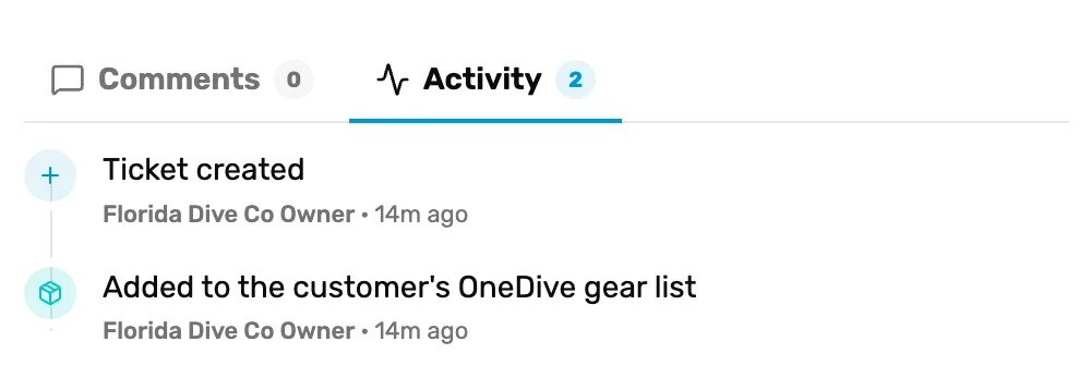 A regulator ticket's Activity tab: Ticket created, then Added to the customer's OneDive gear list, each by Florida Dive Co Owner, 14m ago