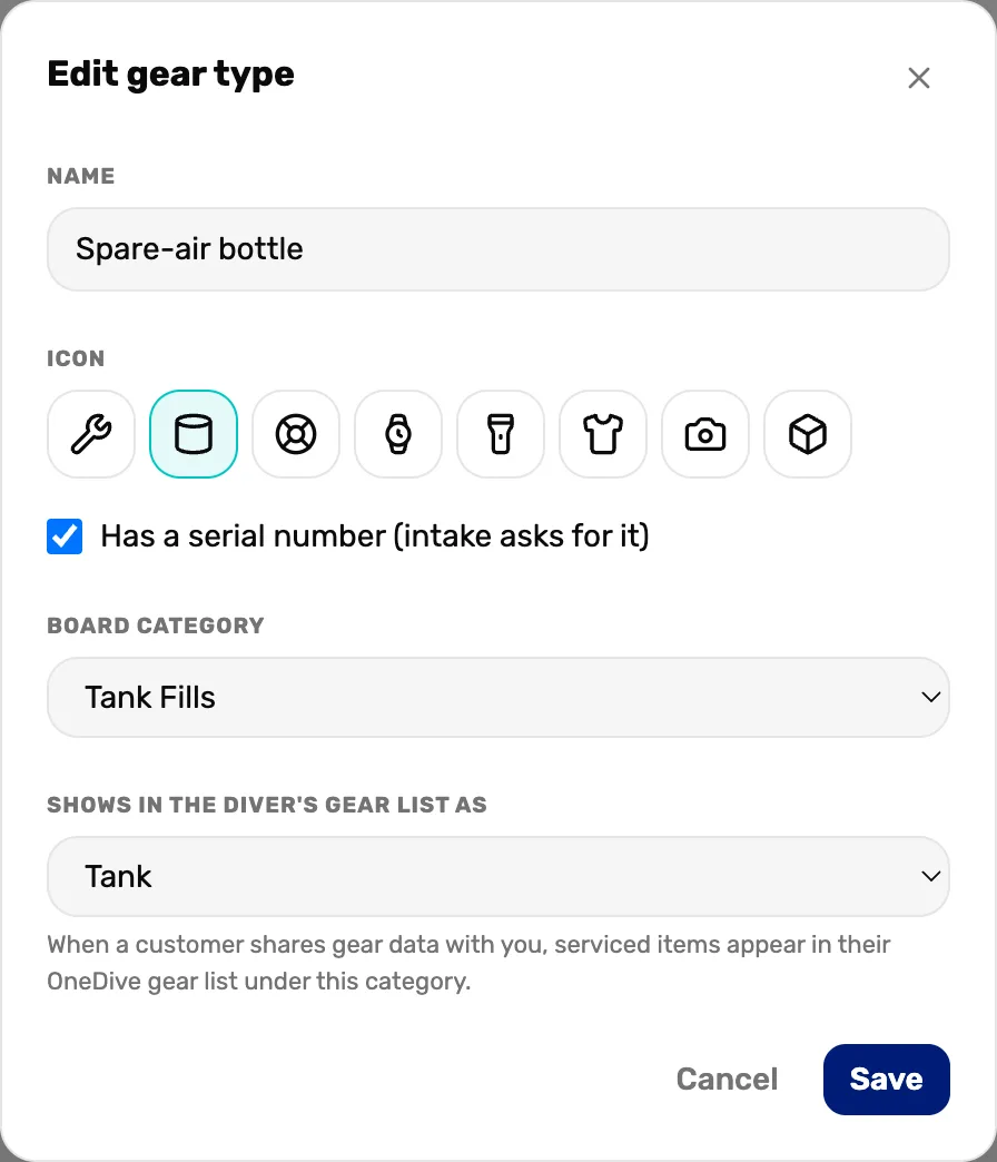 The Edit gear type box for Spare-air bottle: Name, Icon with the cylinder picked, Has a serial number (intake asks for it) ticked, Board category Tank Fills, Shows in the diver's gear list as set to Tank with the line When a customer shares gear data with you, serviced items appear in their OneDive gear list under this category., and Cancel and Save