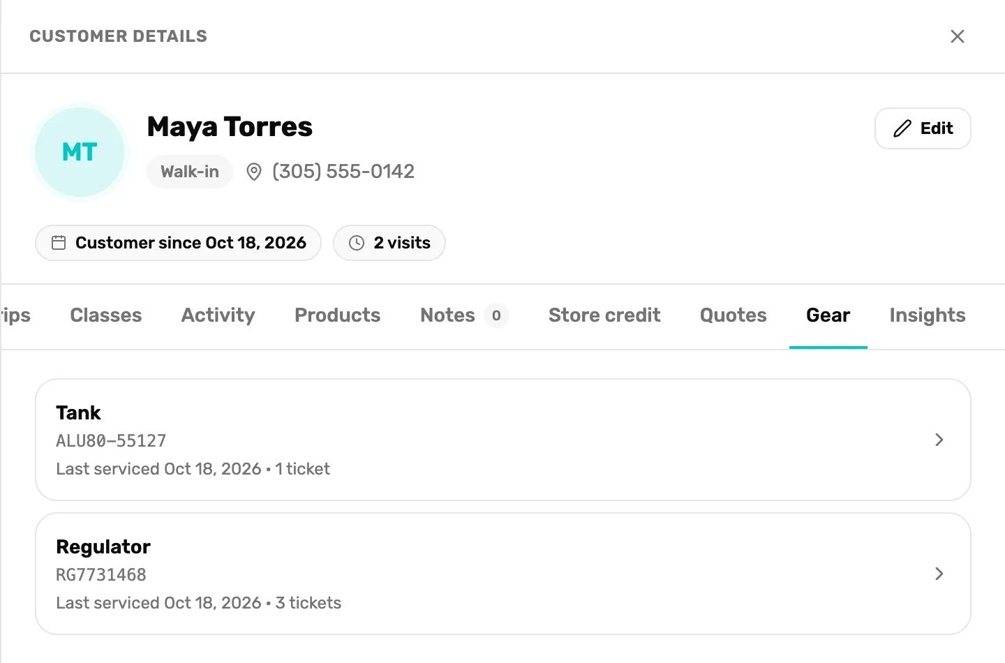 Customer details for Maya Torres on the Gear tab, with two pieces of gear: Tank, ALU80-55127, Last serviced Oct 18, 2026 · 1 ticket, and Regulator, RG7731468, Last serviced Oct 18, 2026 · 3 tickets, each with an arrow