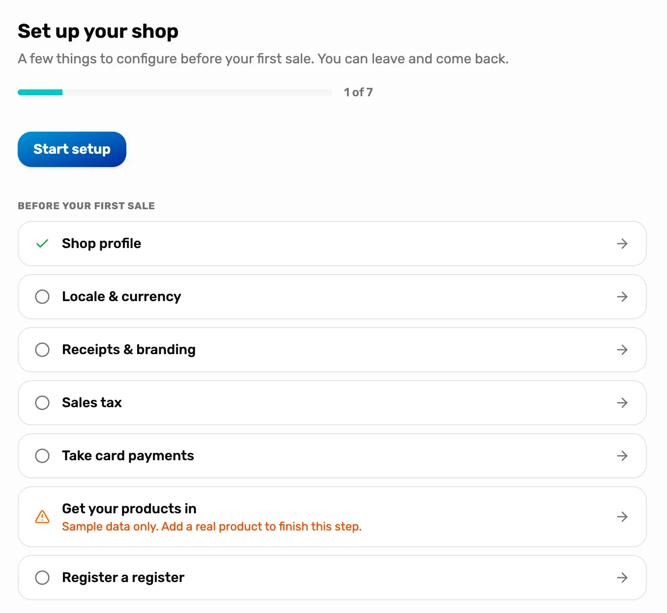 Set up your shop: a progress bar at 1 of 7, a Start setup button, and the seven tasks under Before your first sale