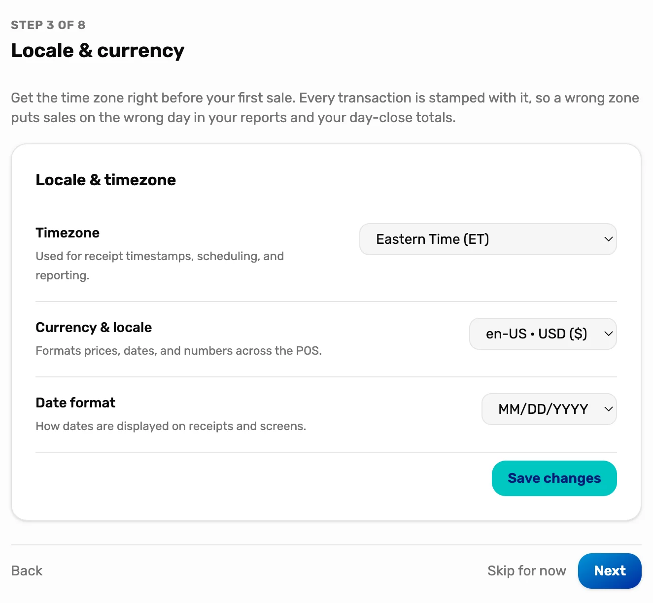 The Locale and currency step with time zone Eastern Time, en-US USD, and MM/DD/YYYY