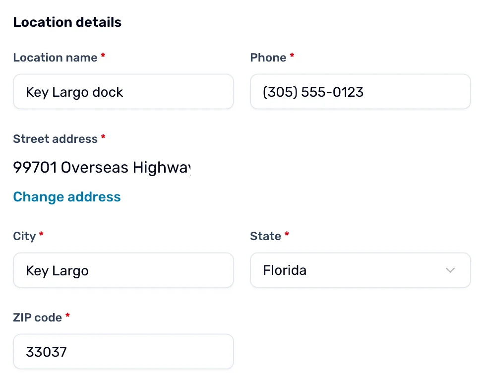 The same box after picking the suggestion: Street address shows the picked address with a Change address link, and City Key Largo, State Florida and ZIP code 33037 are filled in