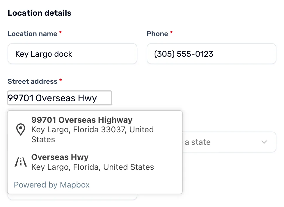 The Add location box: Location details with Location name Key Largo dock, Phone (305) 555-0123, and Street address with its suggestion list open on 99701 Overseas Highway, Key Largo, Florida 33037, covering City, State and ZIP code