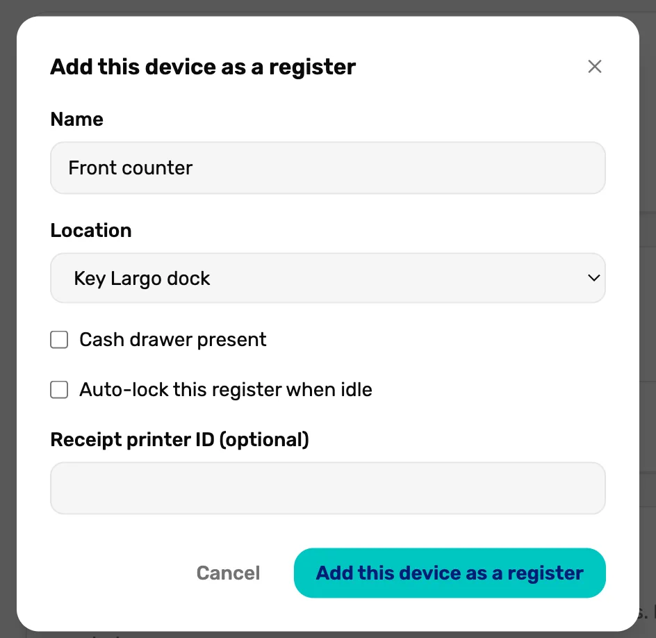 The box that adds or configures a register, here adding one: Name Front counter, Location set to Key Largo dock, Cash drawer present, Auto-lock this register when idle, Receipt printer ID (optional), Cancel and Add this device as a register