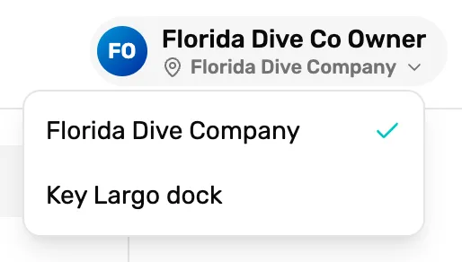 The top of the register: the name pill with the location line Florida Dive Company open, listing Florida Dive Company with a tick and Key Largo dock