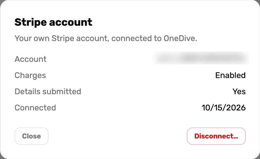 The Stripe account window: Charges Enabled, Details submitted Yes, Connected 10/15/2026, and a Disconnect button