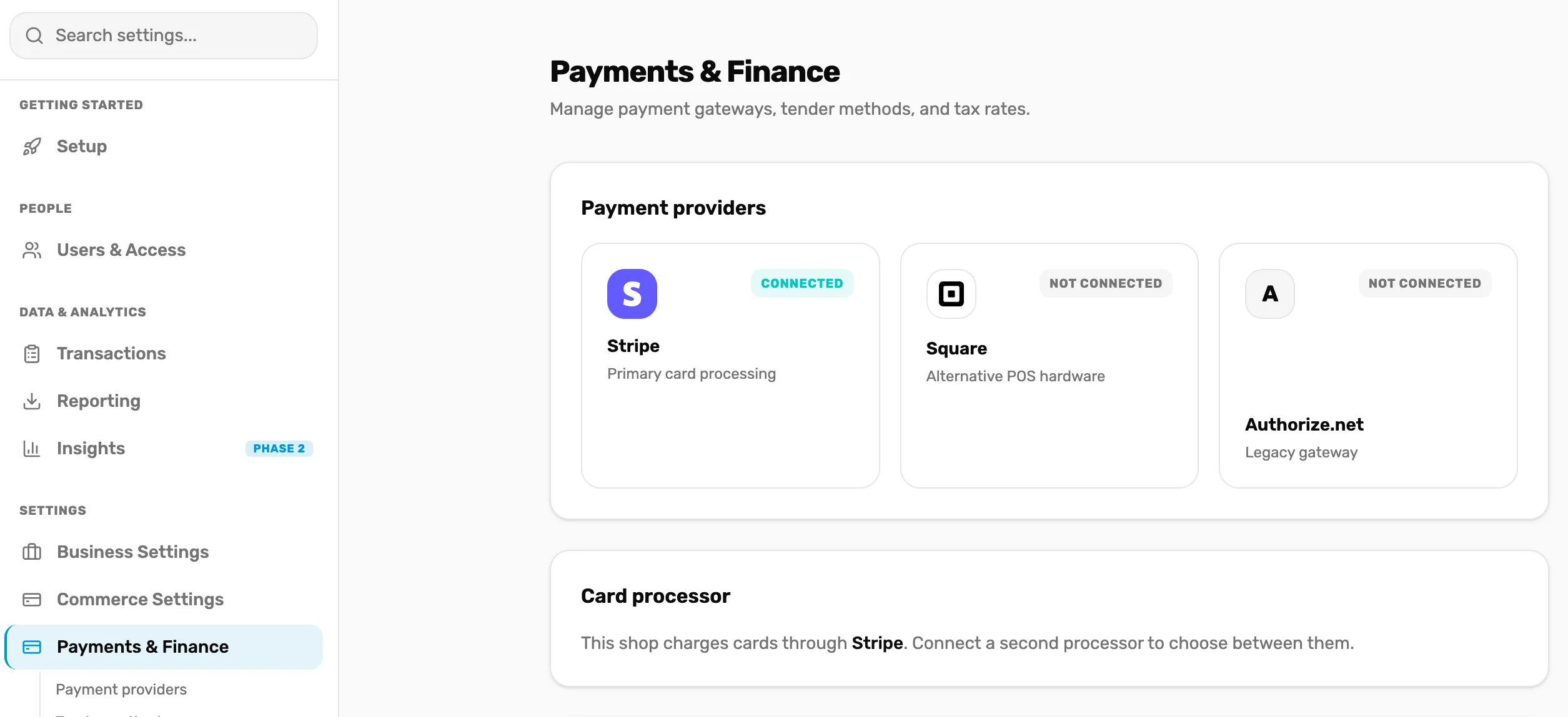 Settings, Payments and Finance, with the Stripe tile marked Connected and the Card processor card reading This shop charges cards through Stripe