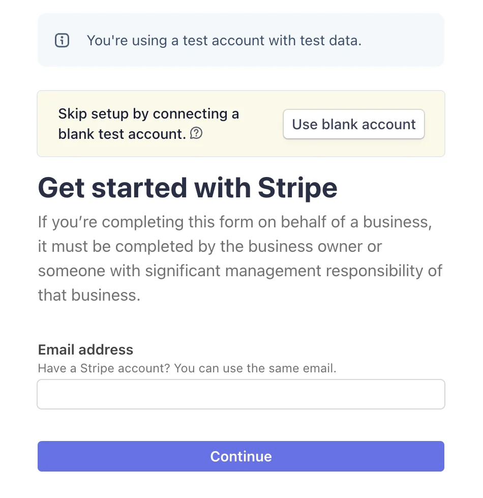 Stripe page titled Get started with Stripe with an email field and a Continue button