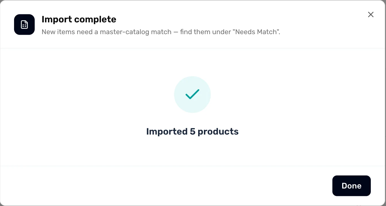 Import complete: Imported 5 products