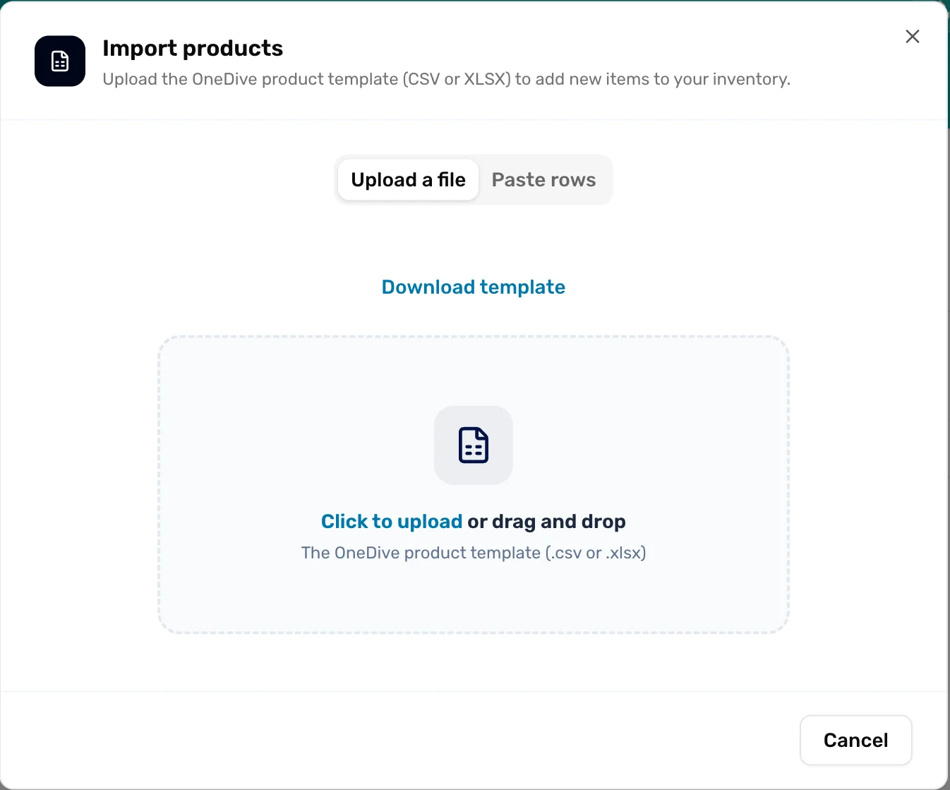 The Import products window with a Download template link and a box to click or drop the file into