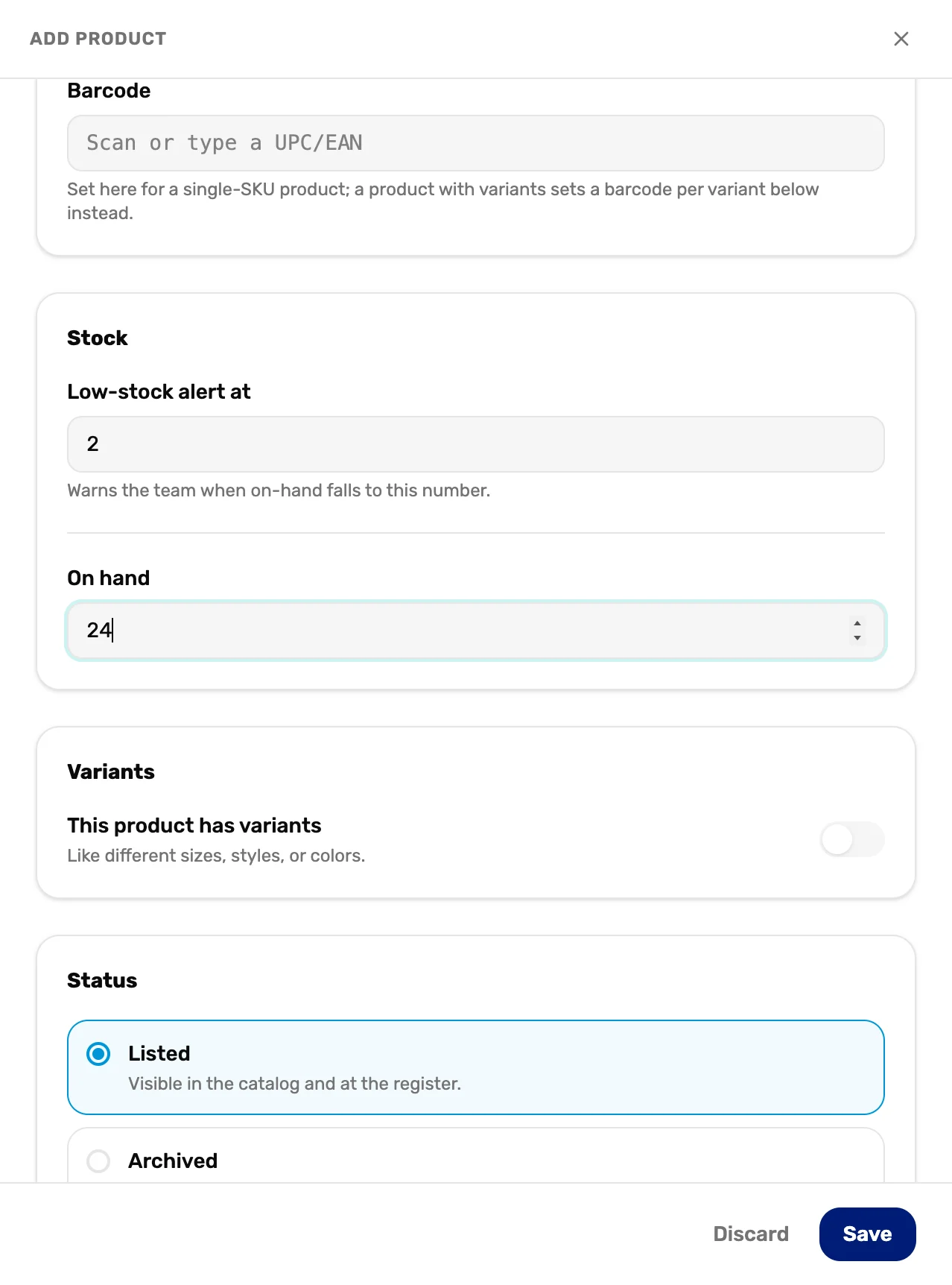 The Add product panel scrolled to Stock with On hand 24, Variants off, Status Listed, and Save