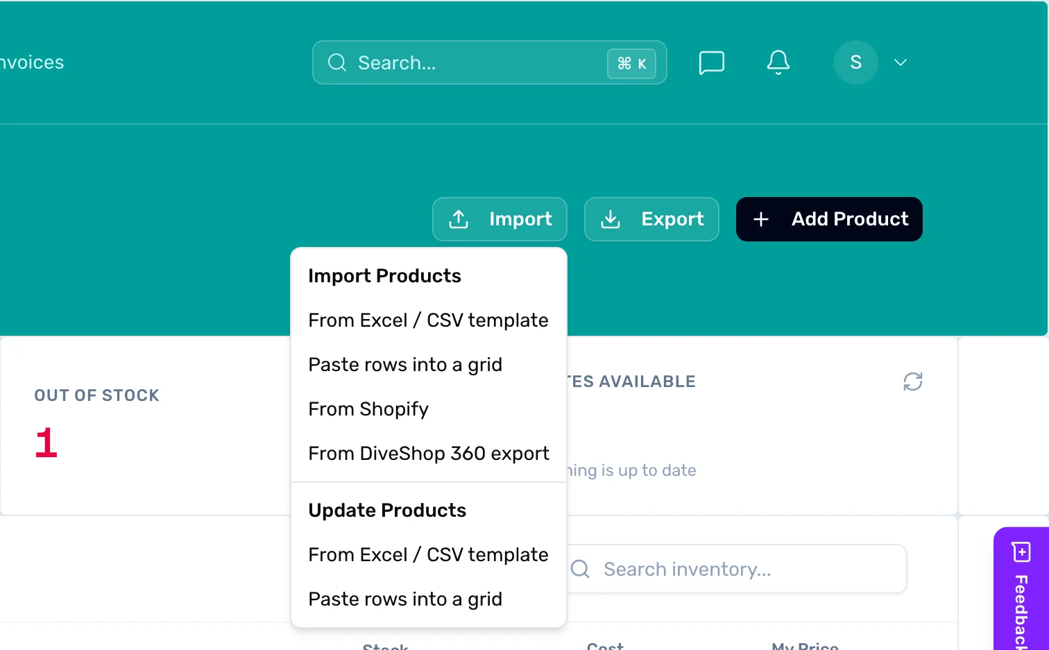 The My Inventory page in OneDive B2B with the Import menu open: From Excel or CSV template, Paste rows into a grid, From Shopify, From DiveShop 360 export