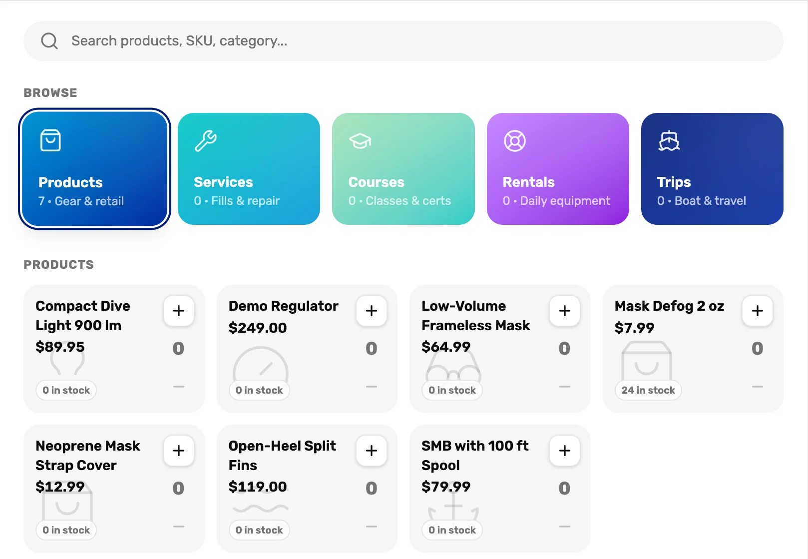 The register with the Products tile reading 7 Gear and retail, and seven product tiles with prices and stock