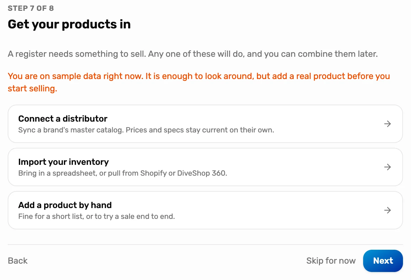 The Get your products in step with three choices: Connect a distributor, Import your inventory, and Add a product by hand