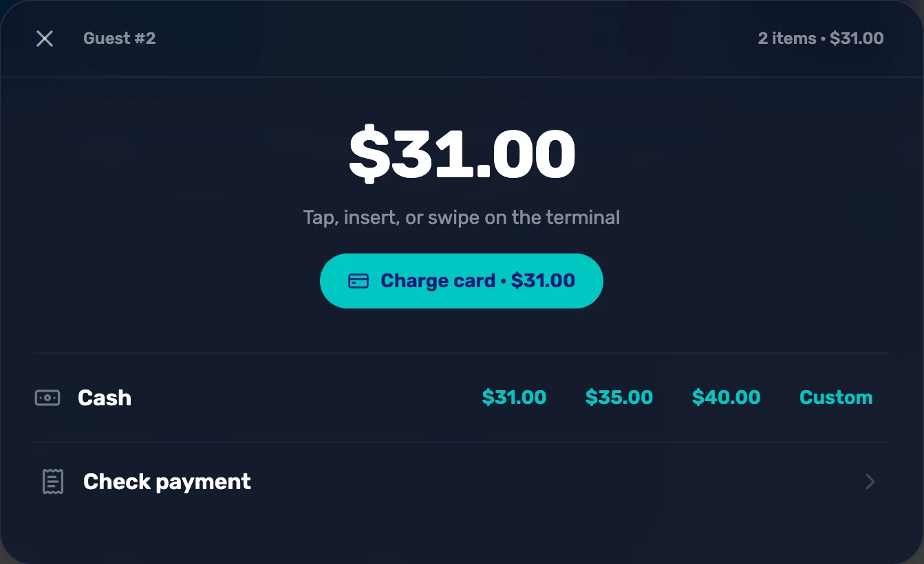 The checkout window: $31.00, a Charge card button, Cash with $31.00, $35.00, $40.00 and Custom, and Check payment