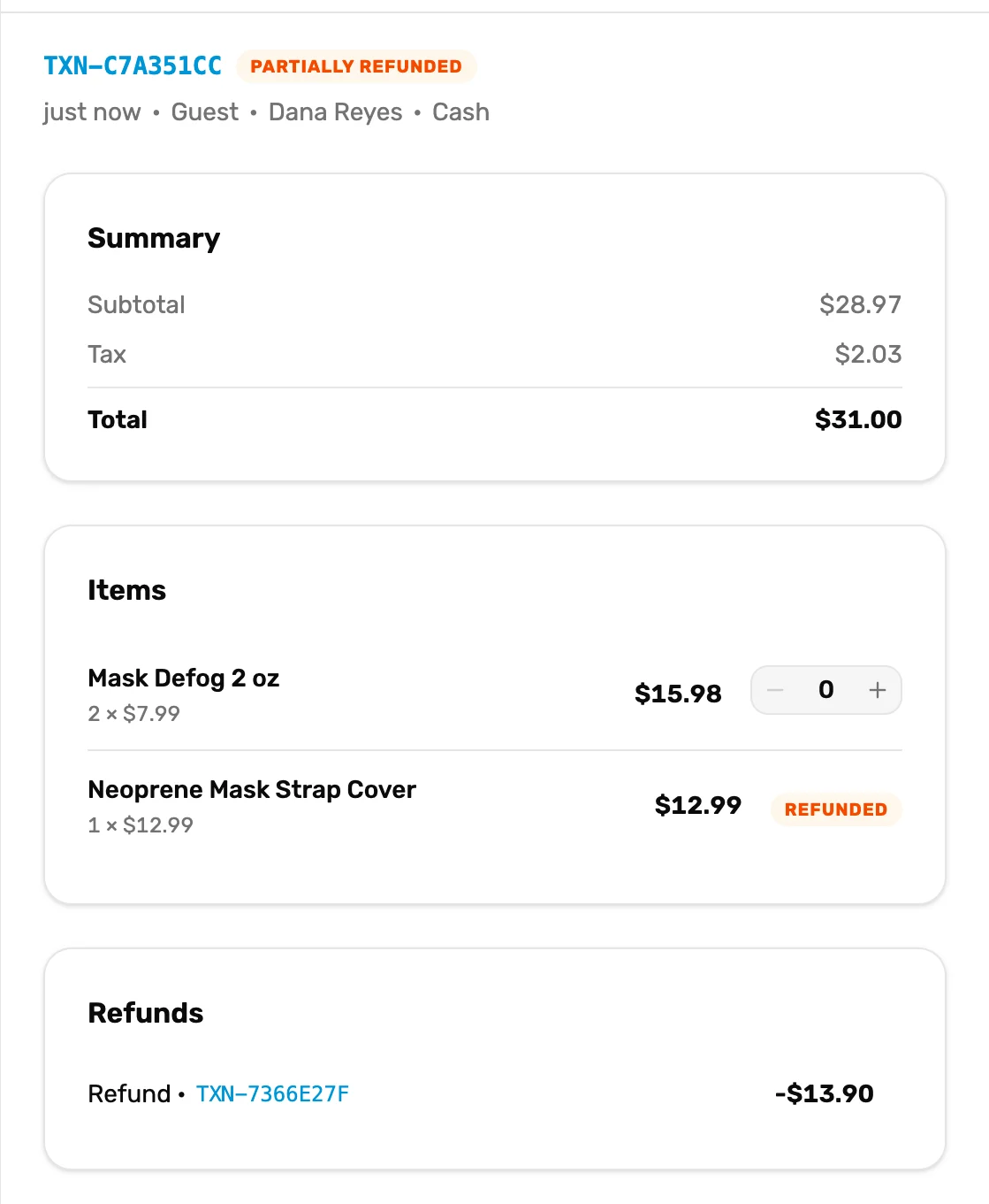The sale now marked Partially refunded, the strap cover marked Refunded, and under Refunds a refund of minus $13.90