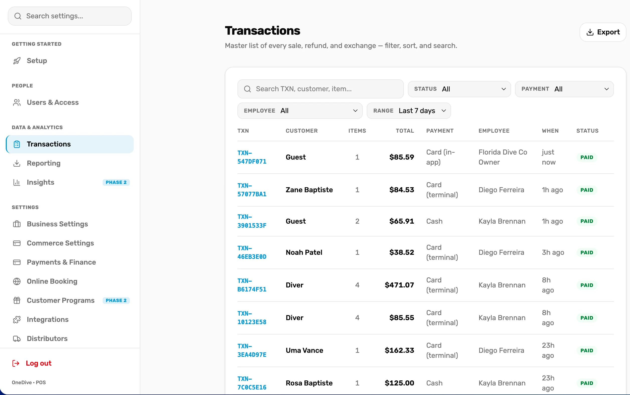 The Transactions page listing sales with TXN number, customer, items, total, payment, employee, when and status
